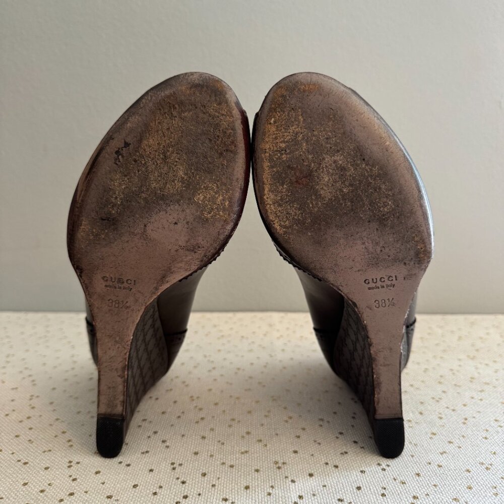 Gucci, Espresso Brown, Wedge Heel, Peep Toe Leather Shoes, Size 38 1/2 - Picture 6 of 10